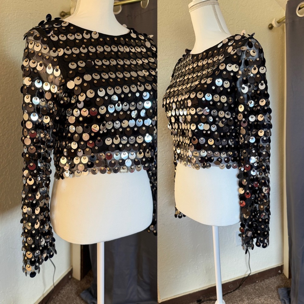 12th Tribe Mindy Disc Sequin Paillette Crop Top Black Size S Festival Party - Picture 2 of 7